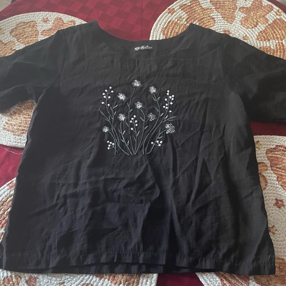 Black Blouse with Floral Embroidery